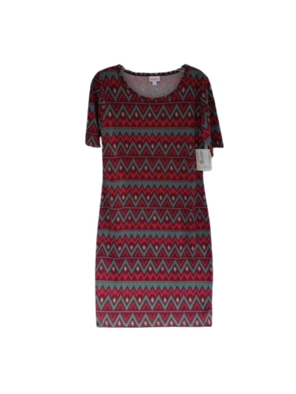 NWT LuLaRoe Julia Dress Large Geometric Chevron T-Shirt Sheath Red Teal Pink